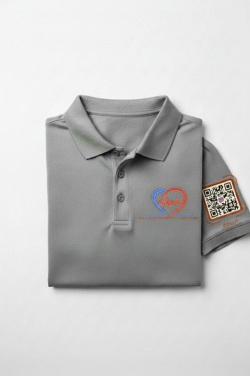 Gray Dri-Fit Polo with Passion Pressure Logo and PPMC QR Code on Right Sleeve