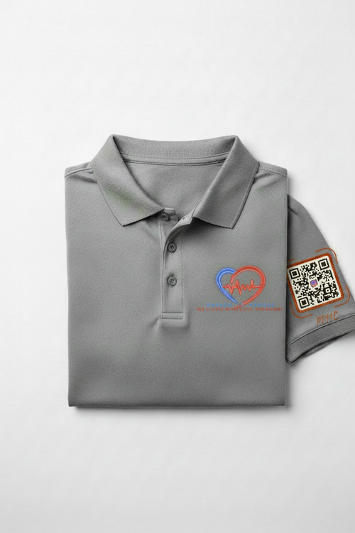 Gray Dri-Fit Polo with Passion Pressure Logo and PPMC QR Code on Right Sleeve